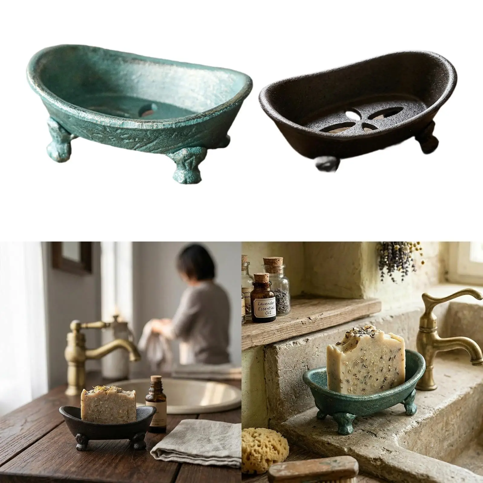 Cast Iron Soap Dish Holder Retro Design Rustic Handmade Drainable Sponge Holder with Hollow Bottom for Shower Kitchen Countertop