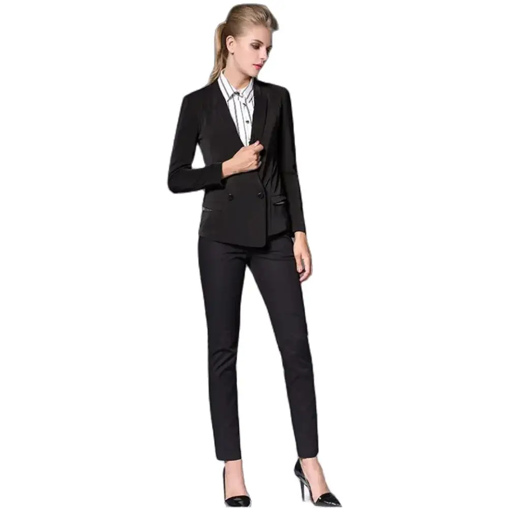 Fashion Chic Classic Black 2 Piece Jacket Pants Slim Fit Double Breasted Peak Lapel Office Lady Daily Conjuntos De Pantalones