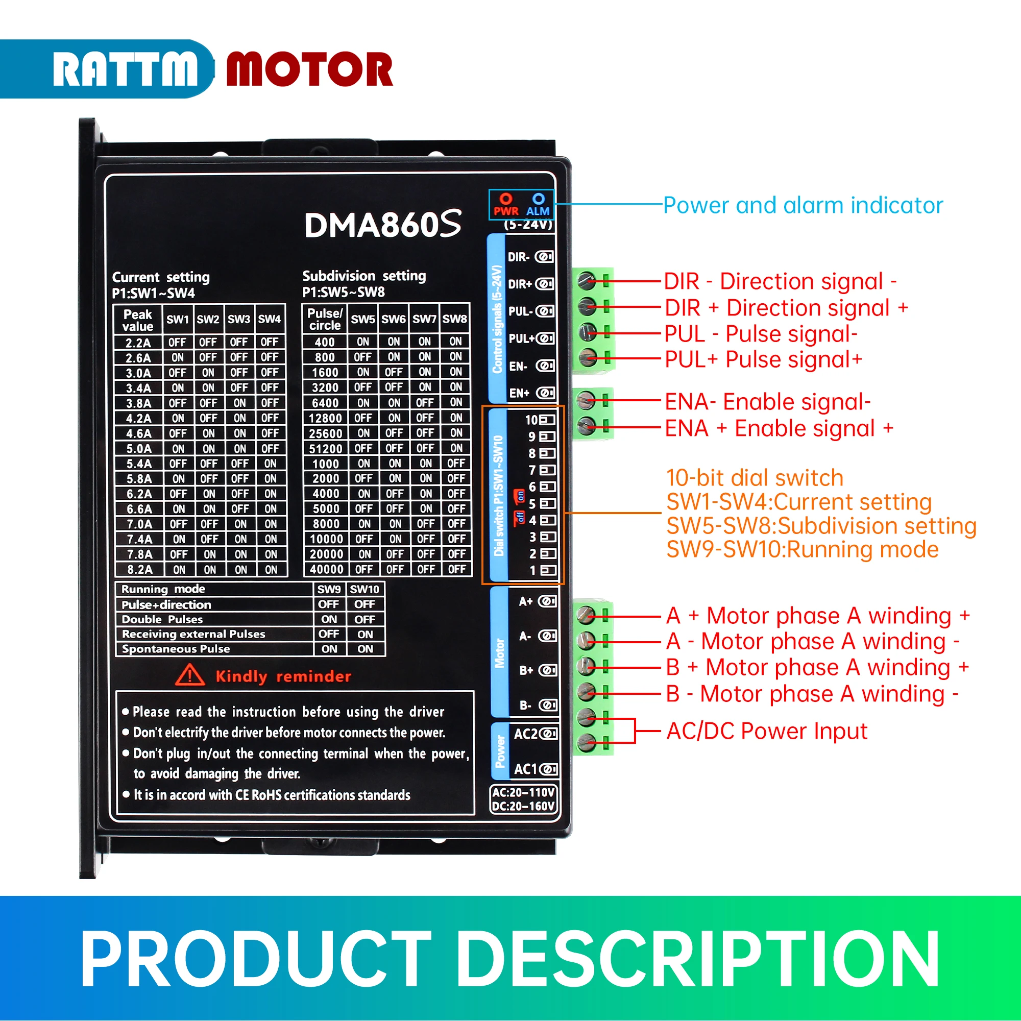 Imagem -04 - Motorista do Motor Deslizante Nema34 Dma860s 2.2a8.2a 18110v C.a. 18-160v C.c. Cnc