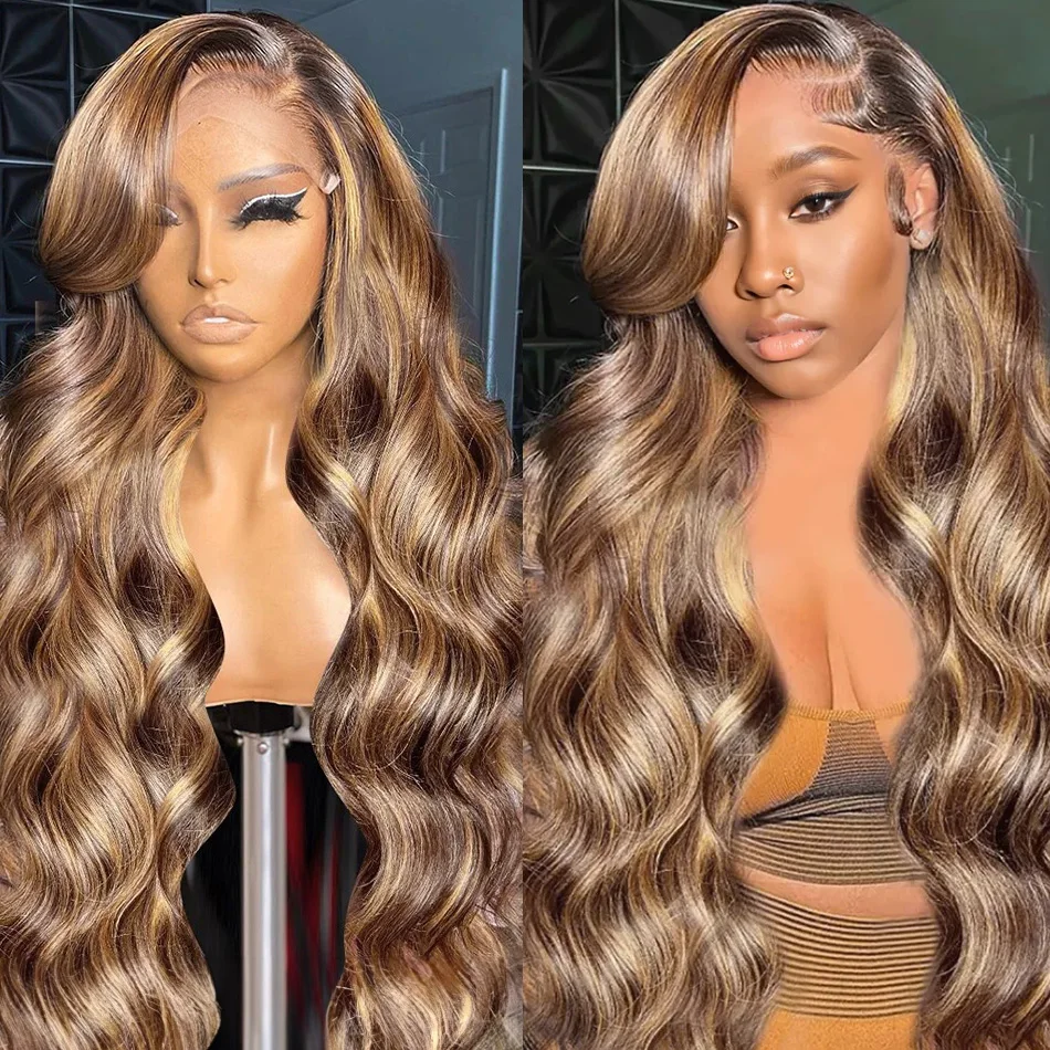 HD 13X6 Highlight Wig Human Hair Honey Brown Colored Lace Front Human Hair Wigs For Women Pre Plucked Body Wave Lace Frontal Wig