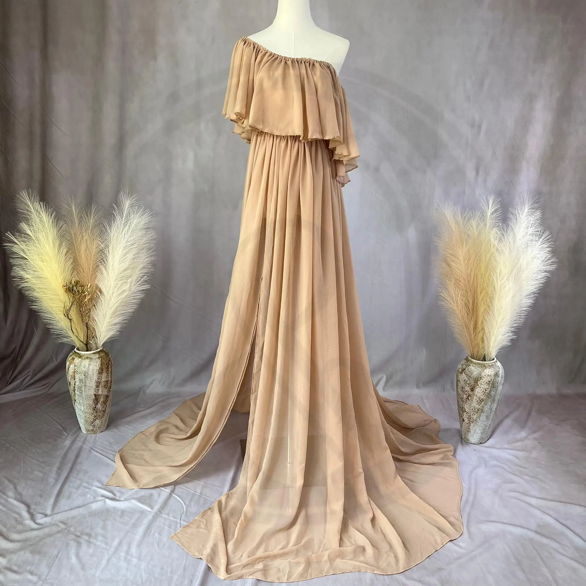 

Don&Judy Dress For Pregnant Woman Chiffon Ruffle Off-Shoulder Side-Slit Dress Gown For Photoshoot