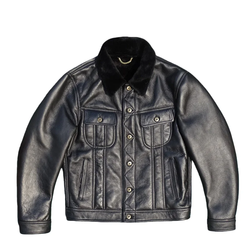 Black Winter Shearling Jacket Men Retro Casual Style Plus Size 5XL Genuine Natural Sheepskin Single Breasted Denim Coat
