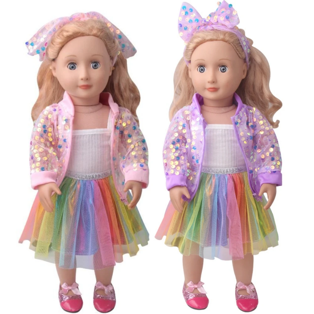 18 Inch Doll Sequins Streetwear Outfit Including Hair Band + Vest +Jacket + Gauze Skirt Holiday Gifts For Girl 43cm Newborn Doll