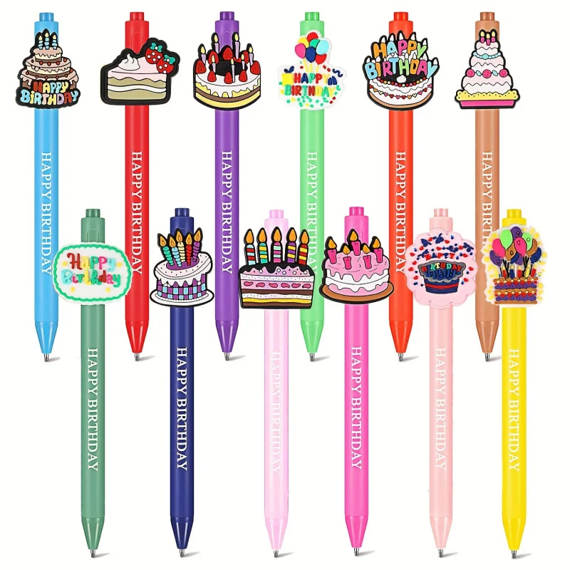 

12 Pcs Cute Animal Happy Birthday Pens, Retractable Black Ink Pen Birthday Party Gift Office Supplies School Stationery