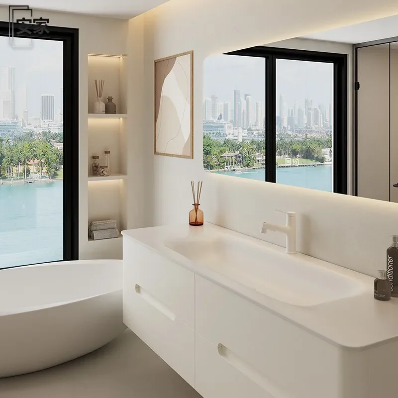 Custom Large Double Basin Bathroom Vanity Set with Dupont Corian Integrated Sink Minimalist Wash Cabinet for Home Improvement