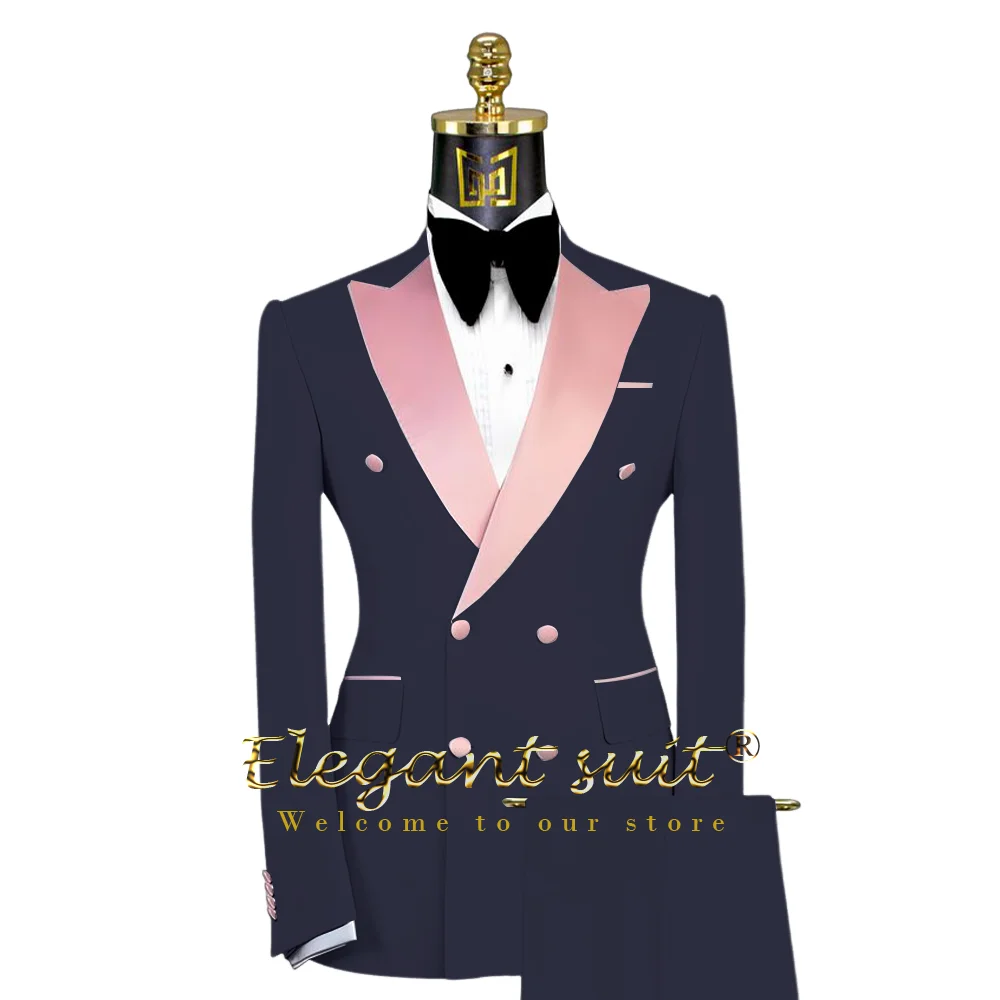 Men\'s stylish pink satin peaked collar double-breasted suit 3-piece suit (jacket, vest and trousers) custom groom banquet suit