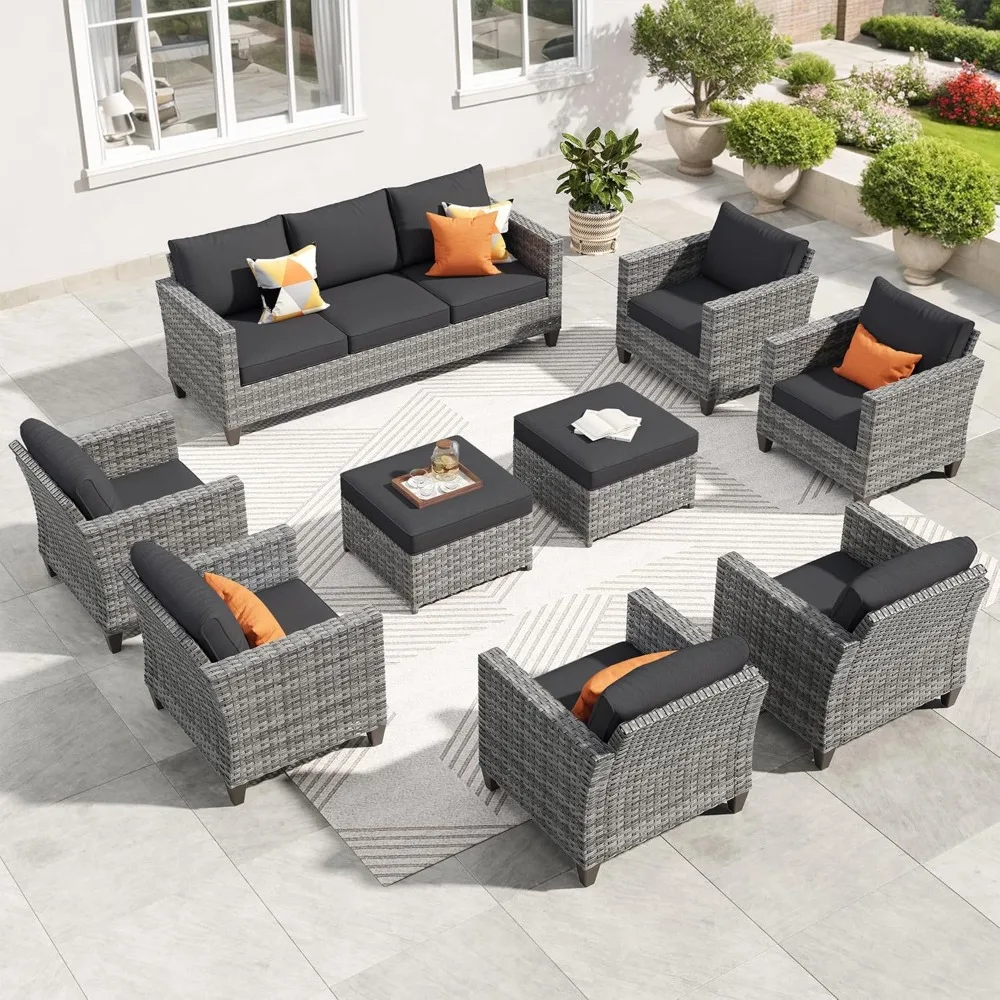 Courtyard furniture set, 9-piece outdoor rattan sofa with 6 chairs, comfortable cushions, all-weather high back conversation set