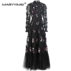 MARYYIMEI Mesh Sequins Flounced Edge Summer Dress Women's Lantern Sleeved High End Luxury Evening S-4XL Dresses