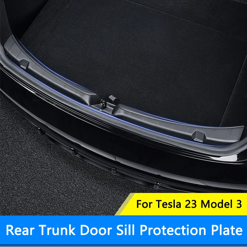 QHCP Car Trunk Sill Plate Cover Threshold Rear Bumper Pad Tail Trunk Guard Trims Protection Fit For Tesla Model 3 2023 Accessory