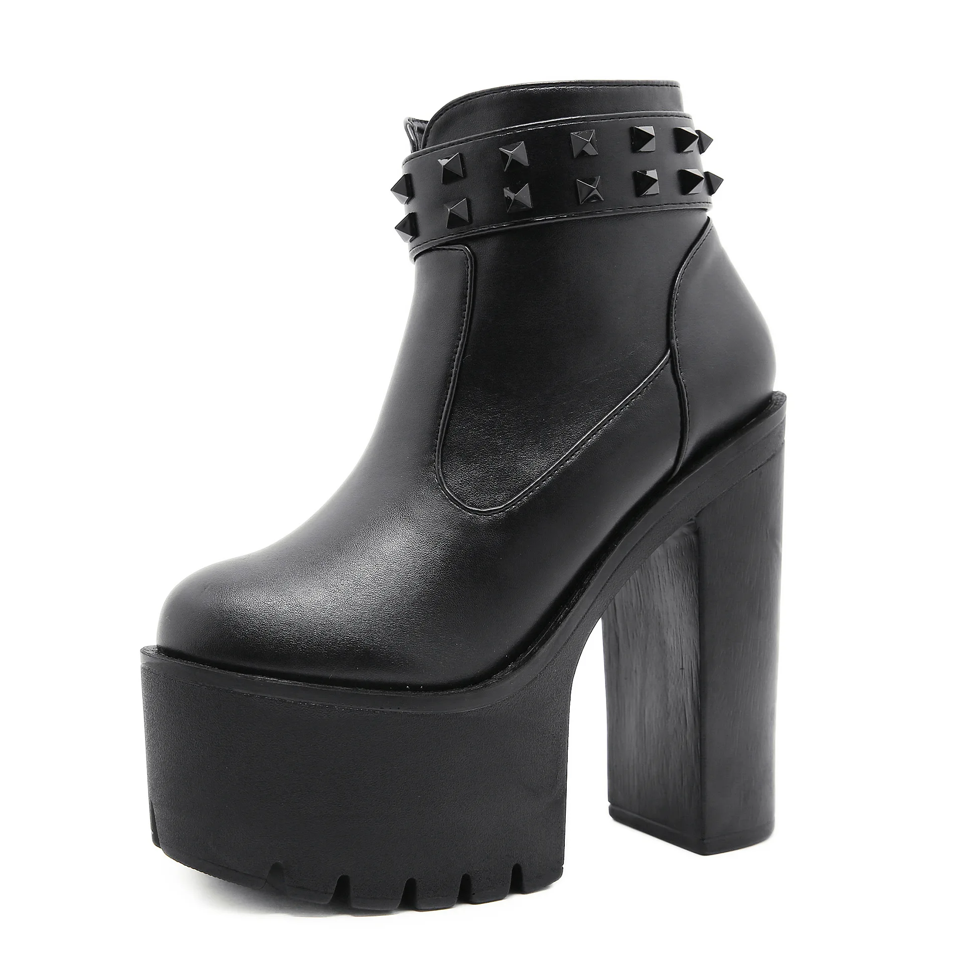 Gothic Black Ankle Boots For Women Plus High Heel Female Shoes Lace-Up Nigh Club Black Sexy Rivets Short Bootsrd5