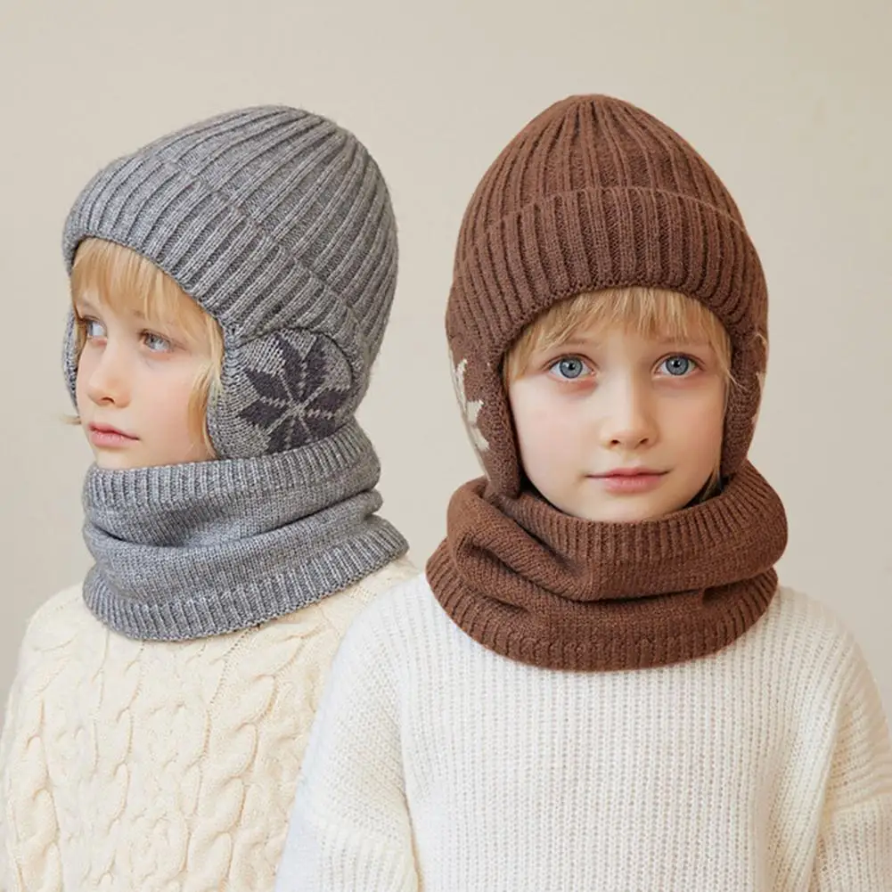 Winter Children Hat Scarf Set Printed Elastic Warm Anti-slip Soft Dome Windproof Ear Neck Protections Cap Neck Warp Set 보온모