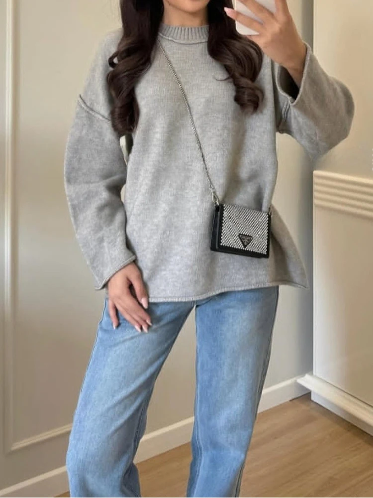 Vintage Women Sweaters Black Lantern Sleeve Korean Fashion Oversized Knit Pullovers Solid Basic Old Money AUtumn Winter