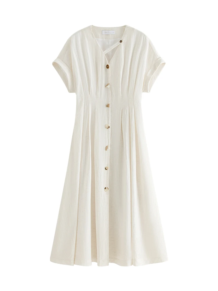 FSLE 8.8% Linen Summer Women Long Thin Single Breasted Dress Temperament V-Neck Raglan Sleeve Loose A-LINE Dress 24FS12360
