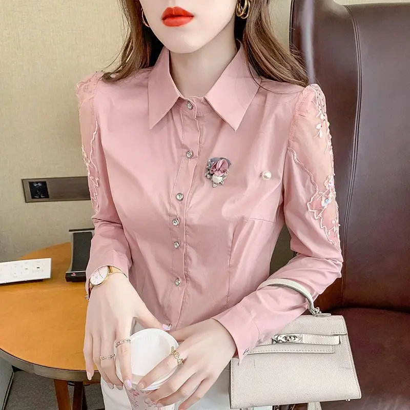 Spring Autumn POLO Collar Fashion Long Sleeve Shirt Women Hollow Out Button Patchwork Embroidered Cardigan Vintage Elegant Tops