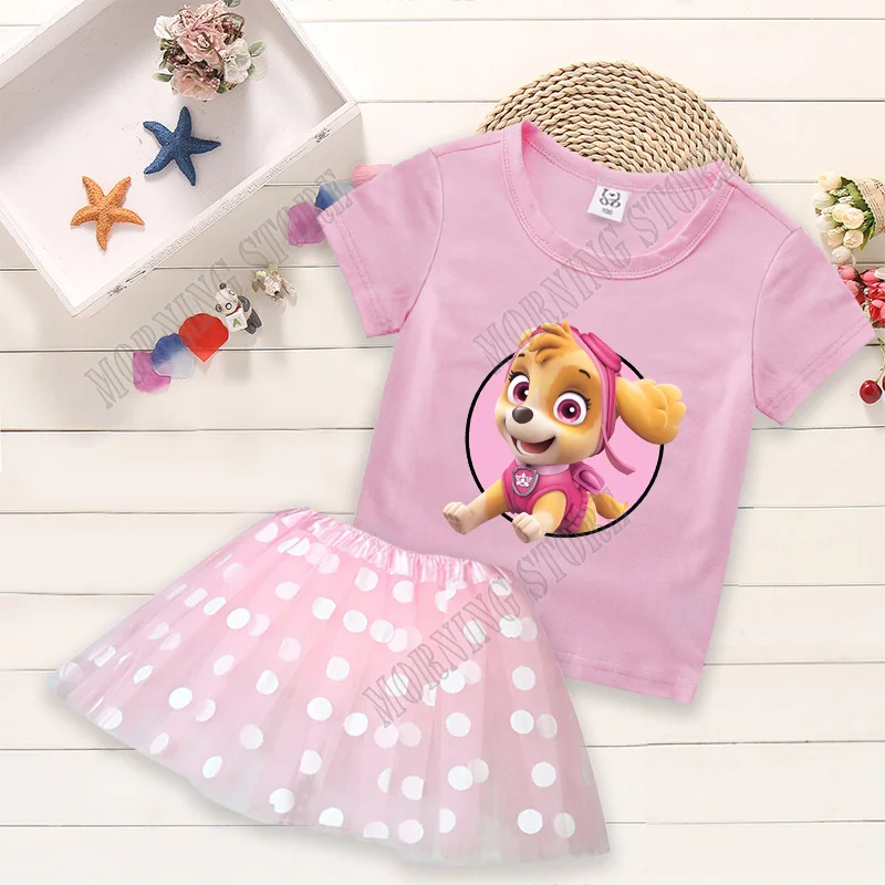 

PAW Patrol Girls T-shirt Skirts Anime Print Skye Short Sleeves Top Dot Dresses Clothes Suit Cute Kid Tee Summer Clothing Set Hot