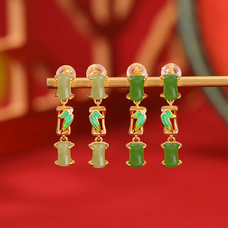 Hetian S925 Sterling Gold-Plated Jadeite Green Jade Knot Leaf Enamel Earrings Silver Jewelry