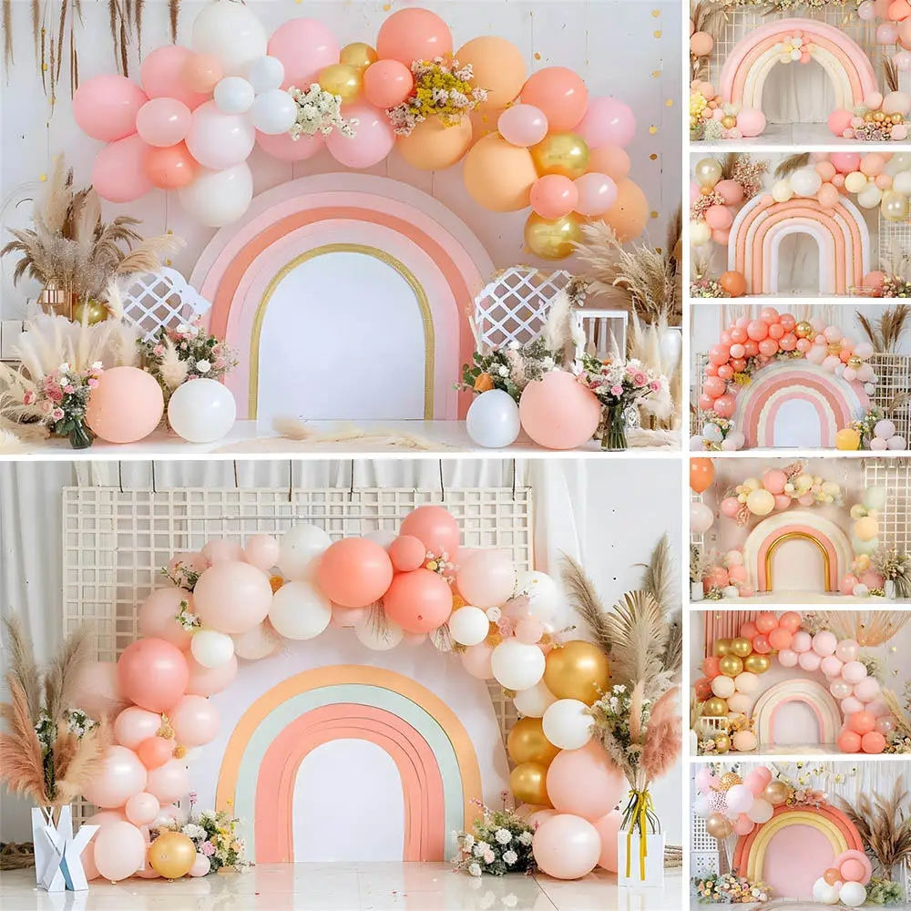 

Mocsicka Baby 1st Birthday Photo Background Bohemian Rainbow Pampas Grass Flower Balloon Girl Cake Smash Party Decor Backdrops