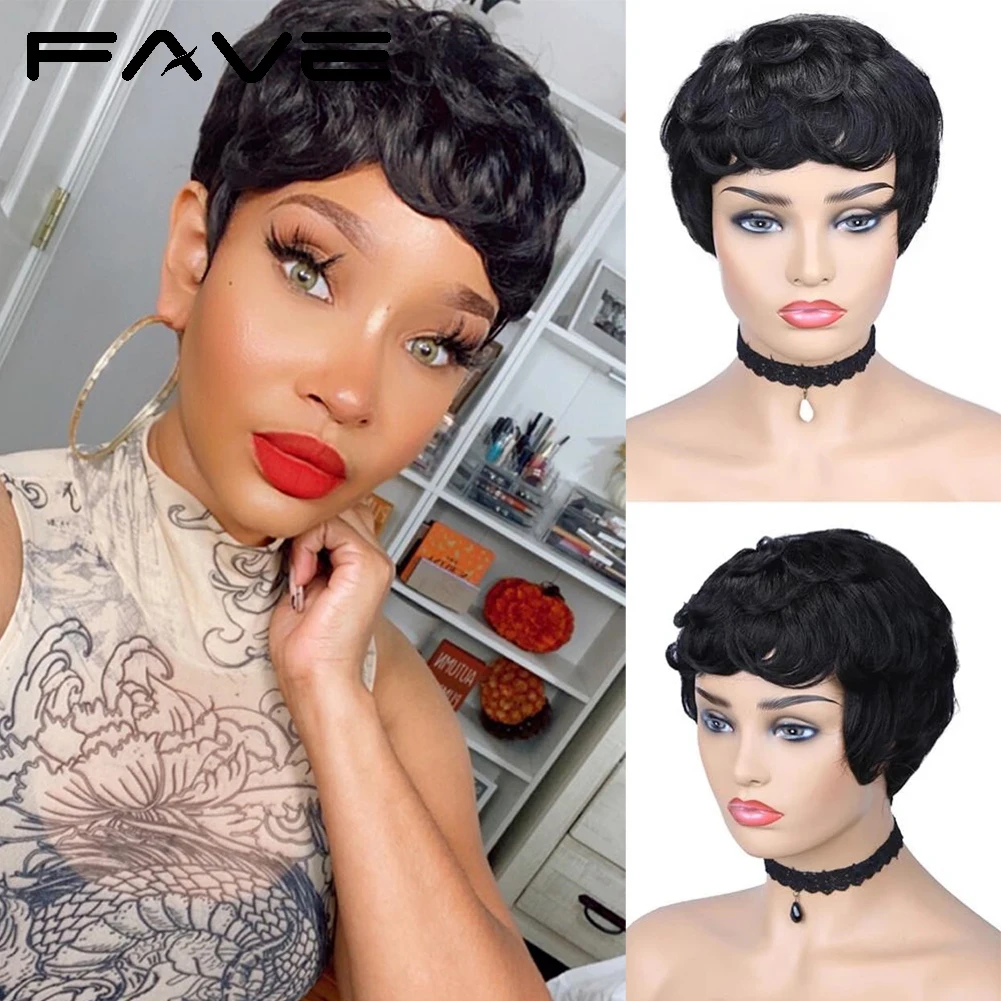 FAVE Short Pixie Cut Curly Human Hair Wig Finger Wave Wig Natural Black Color For Black/White Women Cheap Wigs On Sale Clearence