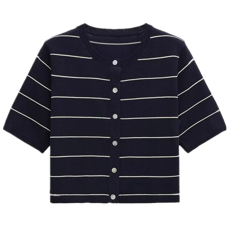 Summer 2025 New Women's Knitted ort Sve round Ne Stripe Jaet Simple Sle Commute Faion Polyester Fiber ort Length