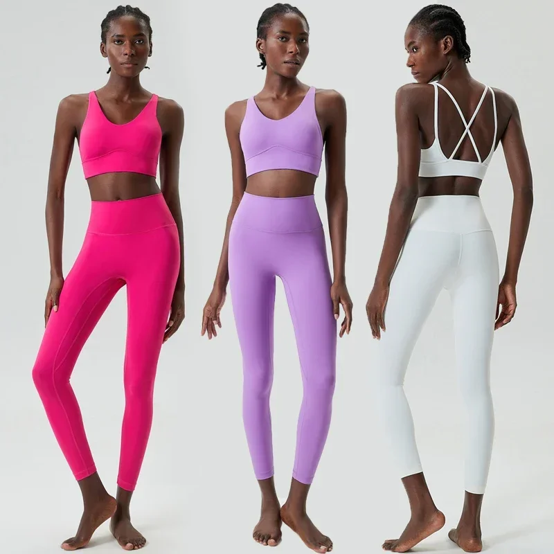 Women Two Pieces Fitness Yoga Set Buttery Soft Stretch Fabric Gym Suit Slim Fit Breathable Quick Dry Sportswear Workout Clothes