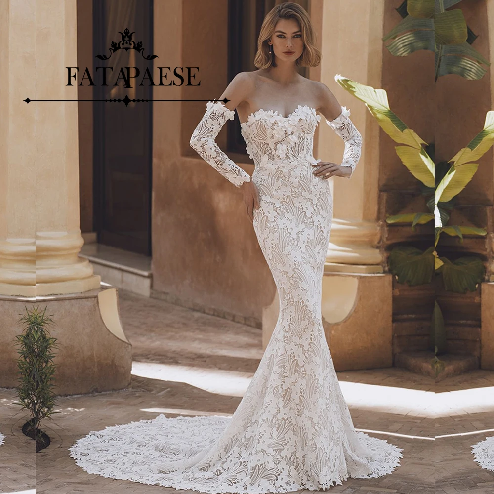 

FATAPAESE Wedding Gown’s 3D Floral Embroidered Appliques Off-the-shoulder Illusion Corset Bac LongSleeves Lace Fowing Over Gown