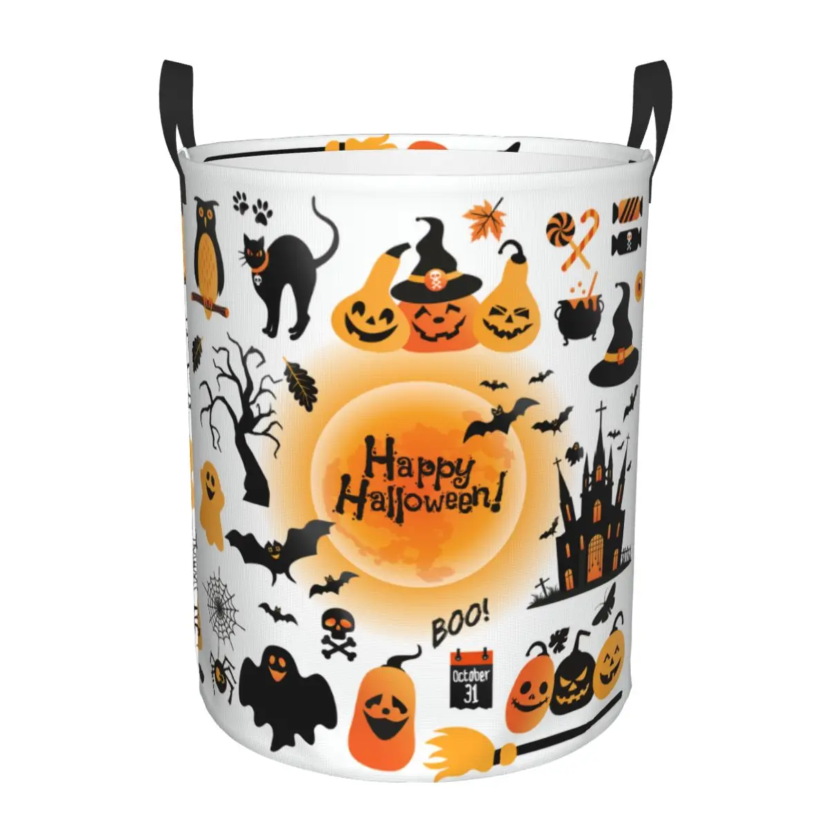 Custom Halloween Orange Pumpkin Ghost Black Cat Ghost Castle Bat Full Moon Laundry Basket Baby Hamper Organizer Storage Bins