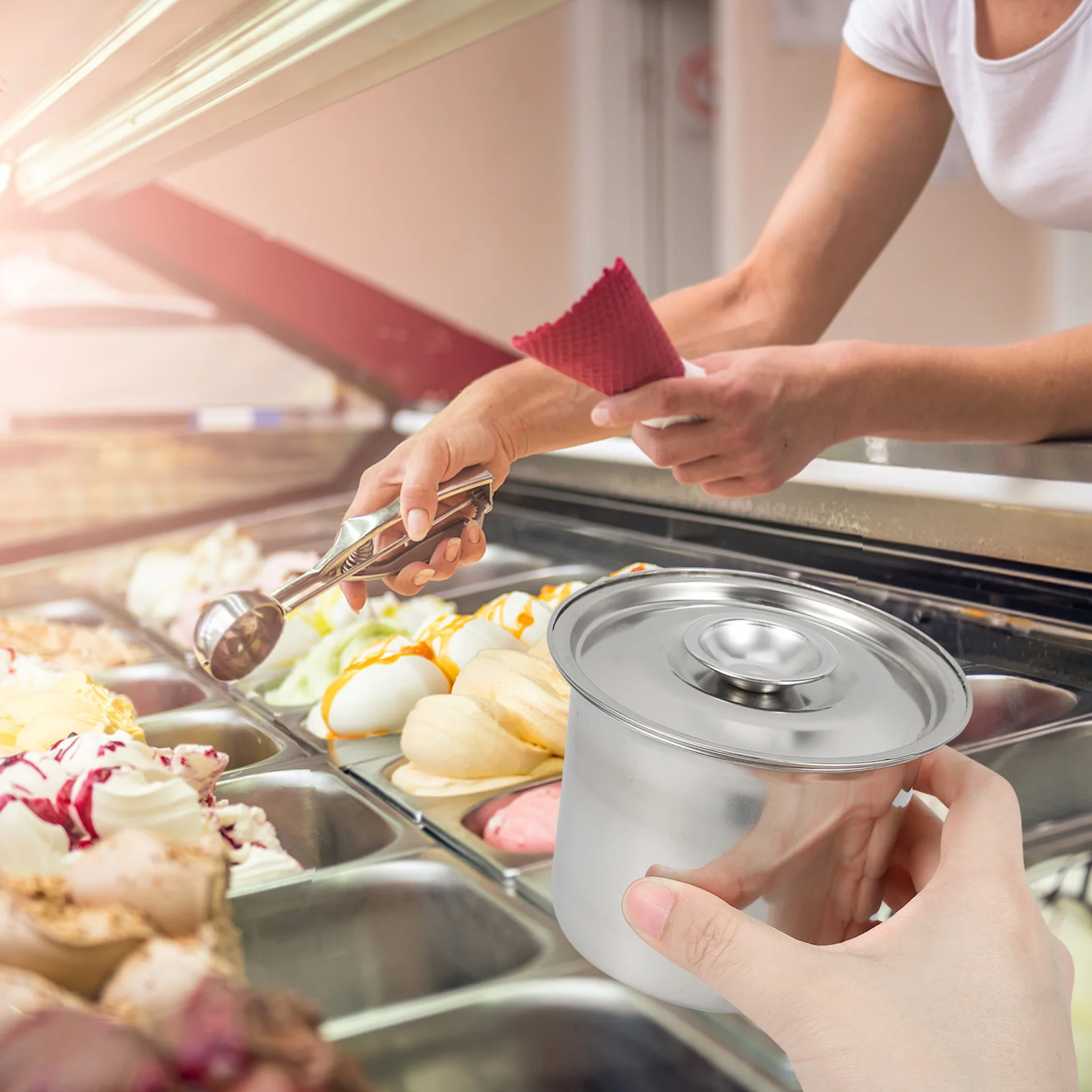 1pcs Stainless Steel Ice Cream Container Freezer Storage Keeper Reusable Dessert Box For Home Cafe Kitchen Use 3L Medium Size