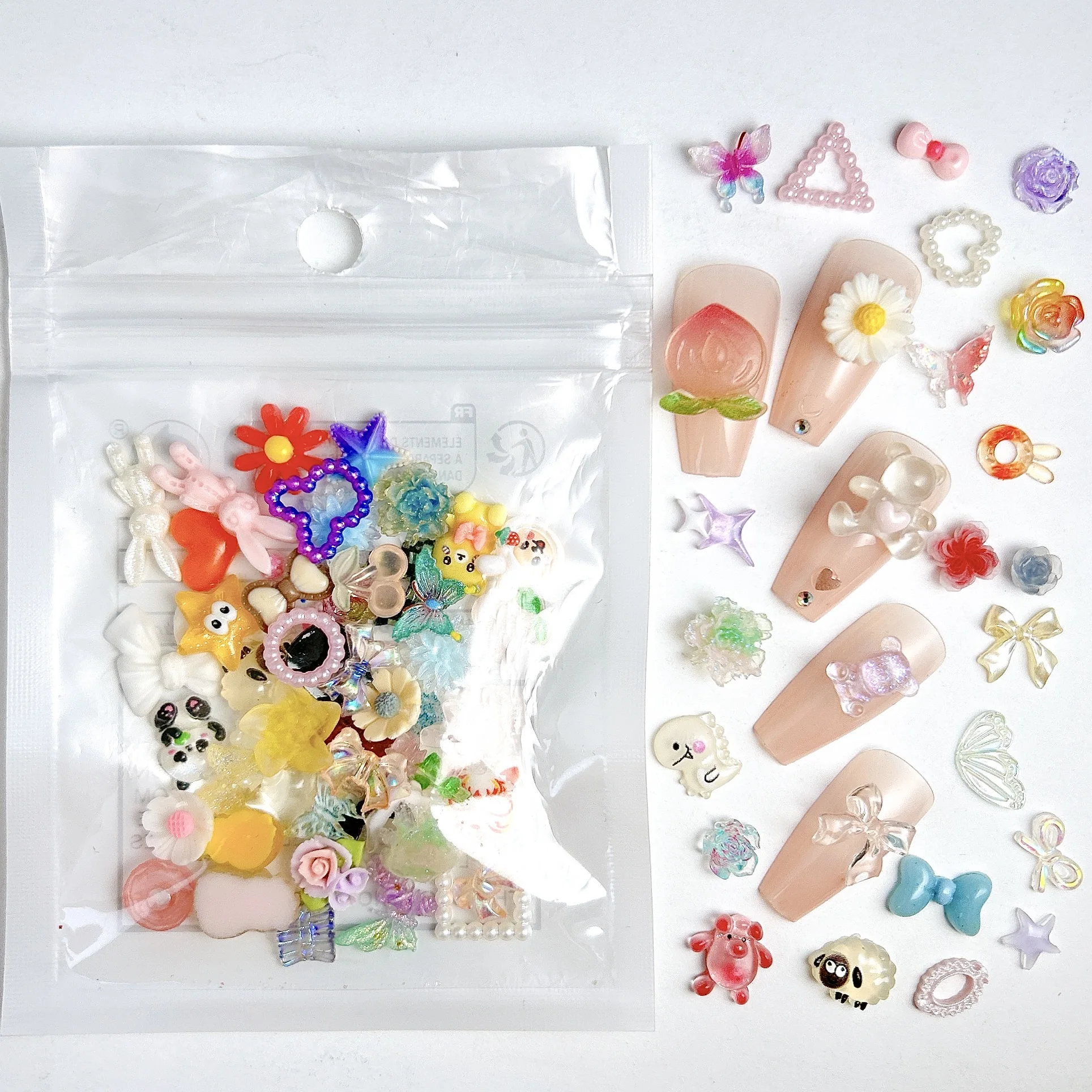 60PCS Random Blind Box Butterfly Grape Flower Resin Nail Charms Creative Moon Pig Bow Mixed Nail Art Decorations for DIY Nails