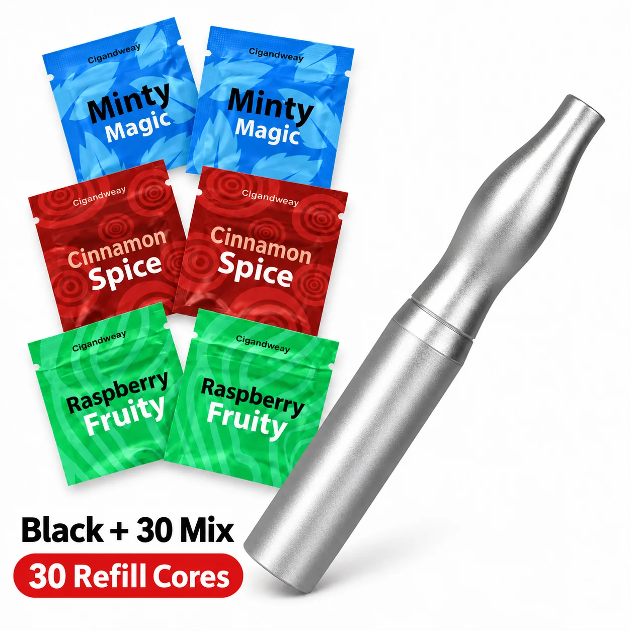 Silver Nicotine-Free Aroma Inhaler with Mixed Refill Cores, Smokeless Non-Electronic Portable Diffuser Stick