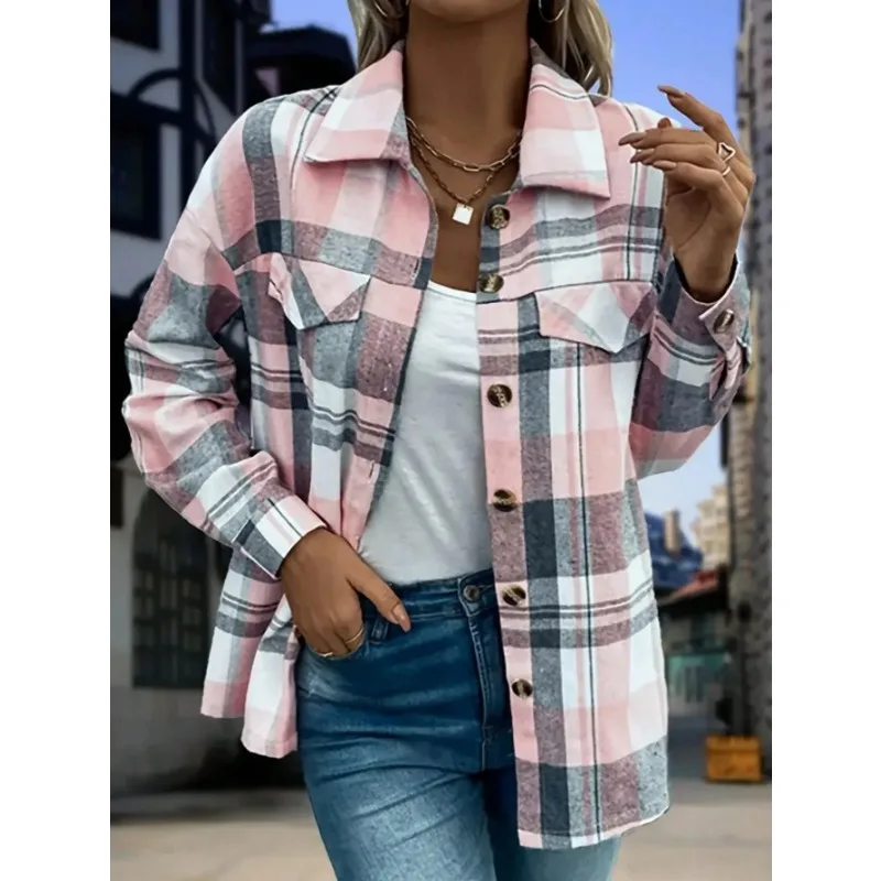 

Fashion New Women's Plaid Printed Shirt Front Button Lapel Blouse Casual Loose Long Sleeved Shirt Lapel Design Tops