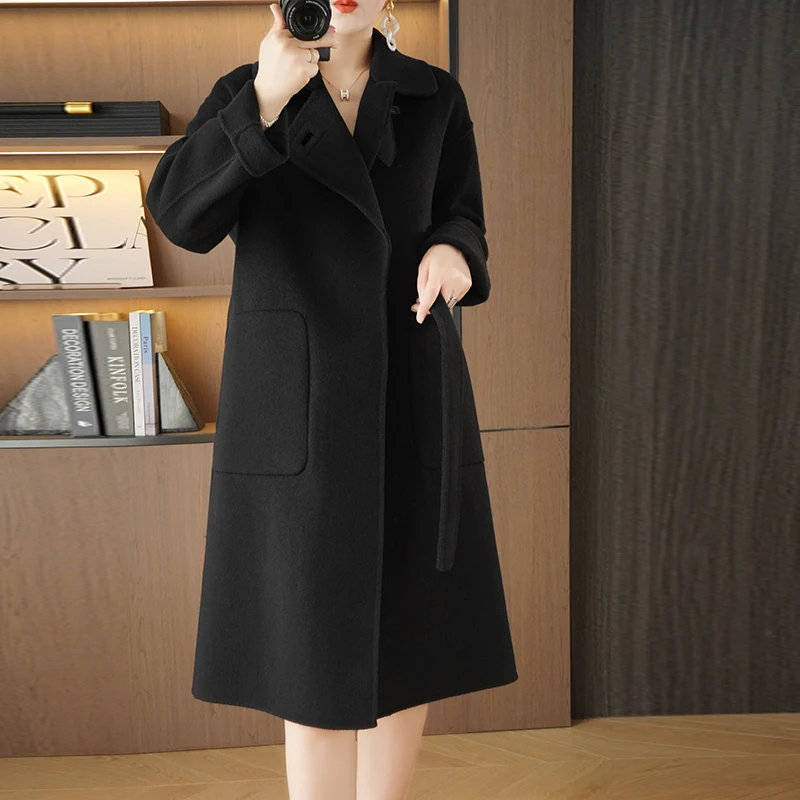 Ladies' 100% cashmere thick double-sided extended coat, classic, versatile and fashionable for business and leisure