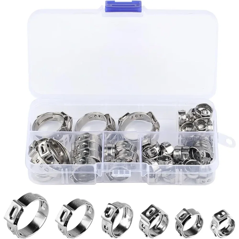 60 Stück 6,8-25,6mm 304 Edelstahl Einohr-Schlauchklemmen Stufenlose Cinch-Klemmringe Set für Sanitär-Rohrverbindungen – Detail 1