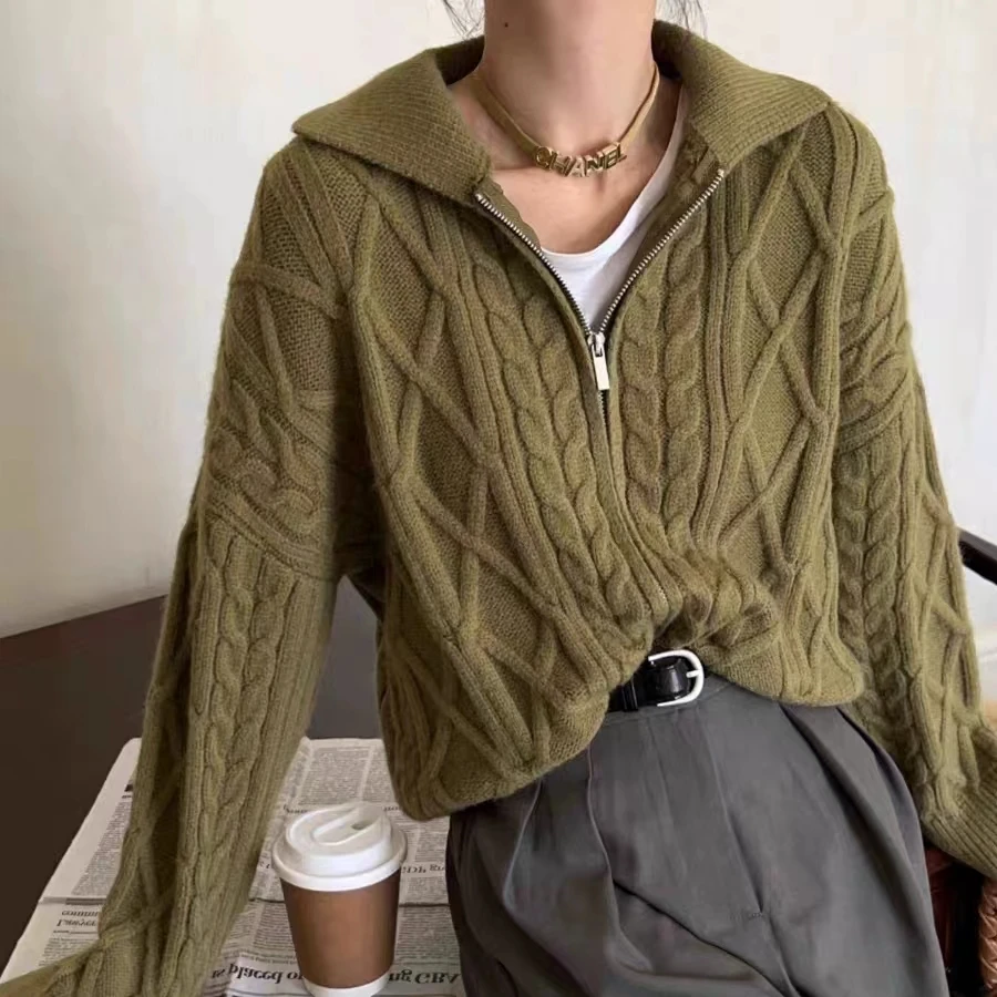 [EWQ] Long Sleeved Lapel Zipper Army Green Sweater Jacket For Women In Autumn 2024 Winter Cardigan Tops Camel Brown 16U8292