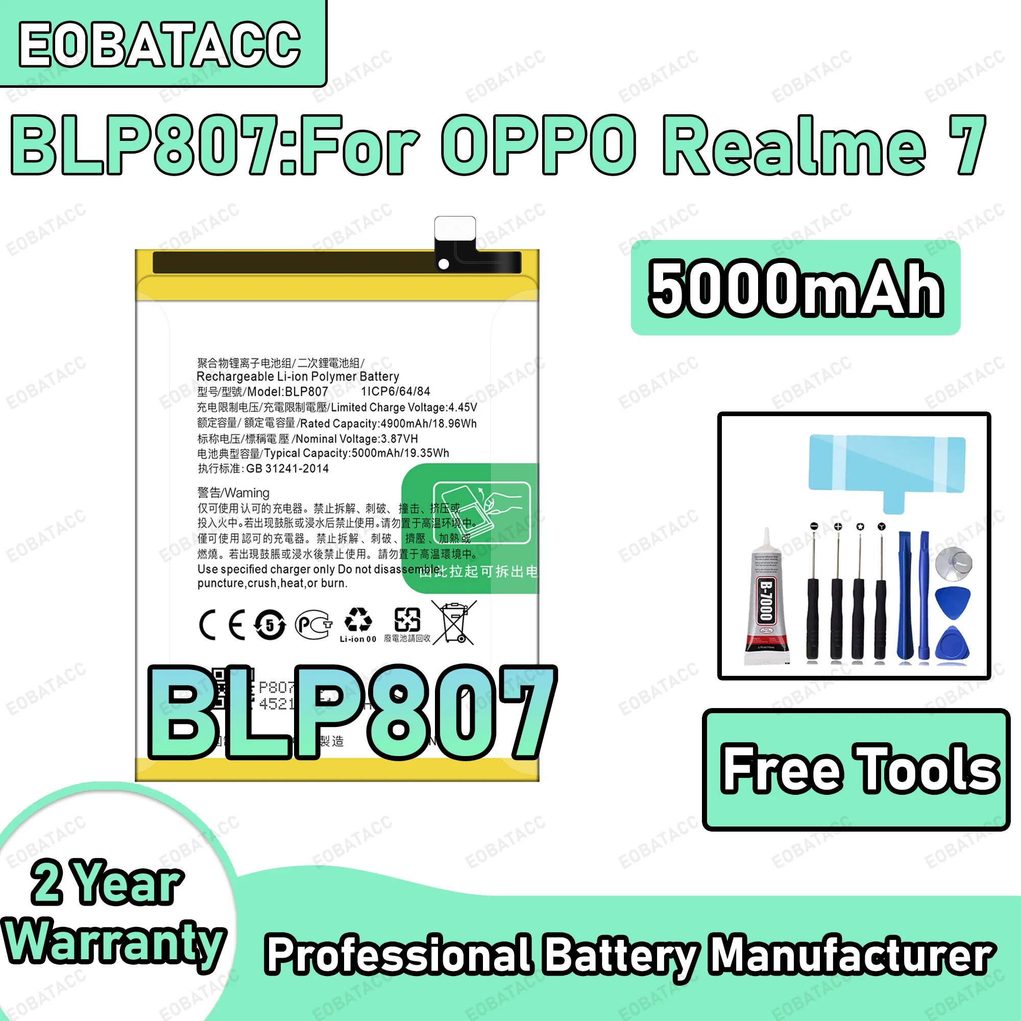 

5000mAh 100% New BLP807 Battery For OPPO Realme 7 Replacement Bateria+Free Tools