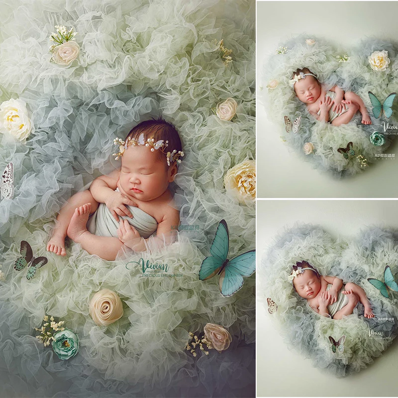 

Newborn Photography Props Tulle Heart Nest Backdrop with Flower Butterfly Decor Soft Wrap Headband for Baby Full Moon Photoshoot