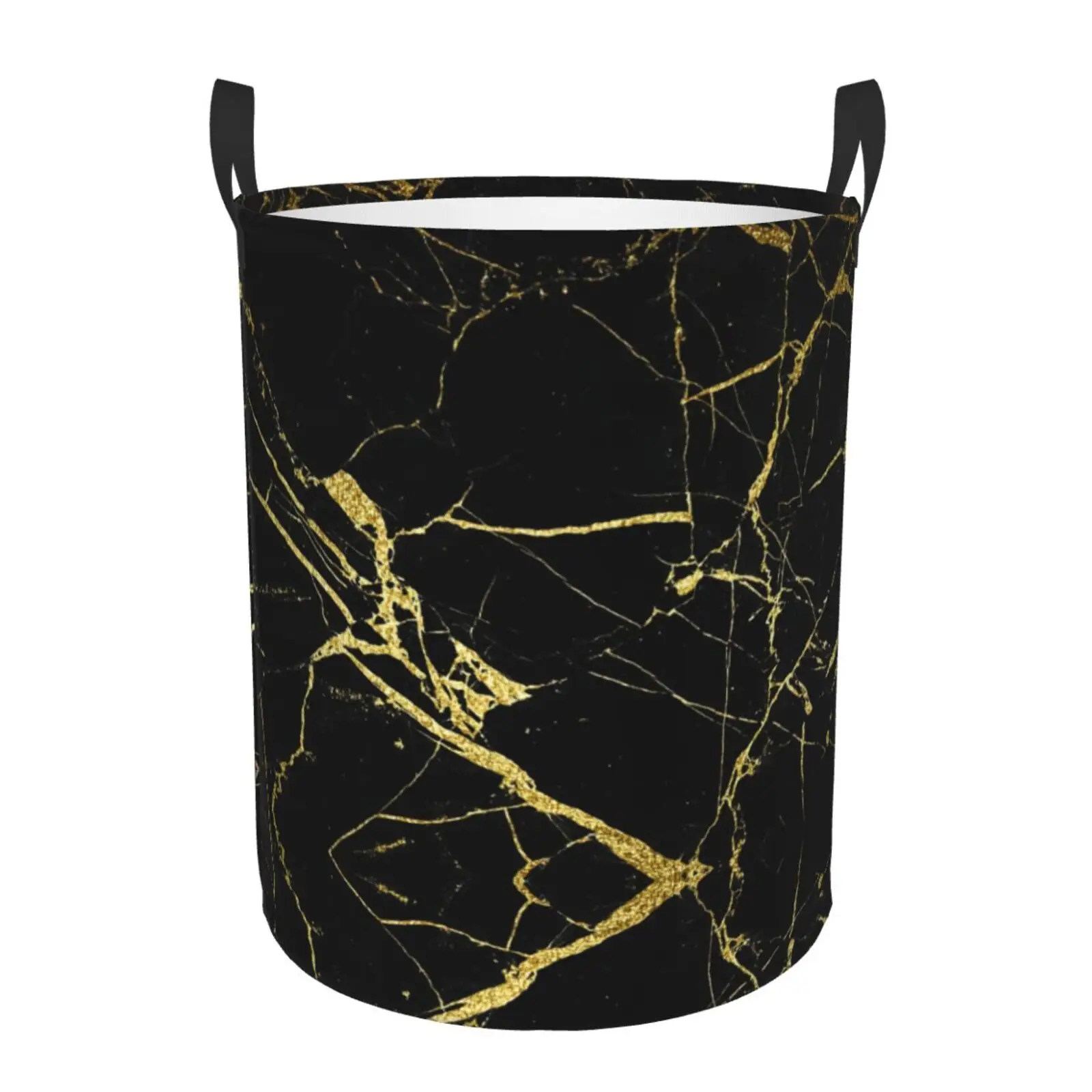 Black & Gold Marble Texture Print Laundry Hamper Large Storage Basket Abstract Pattern Modern Geometric Graphic Toy Organizer