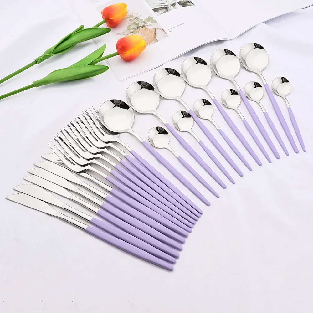 24/48Pcs Purple Handle Silver Dinnerware Set Knife Fork Spoon Cutlery Set Stainless Steel Tableware Kitchen Flatware Silverware