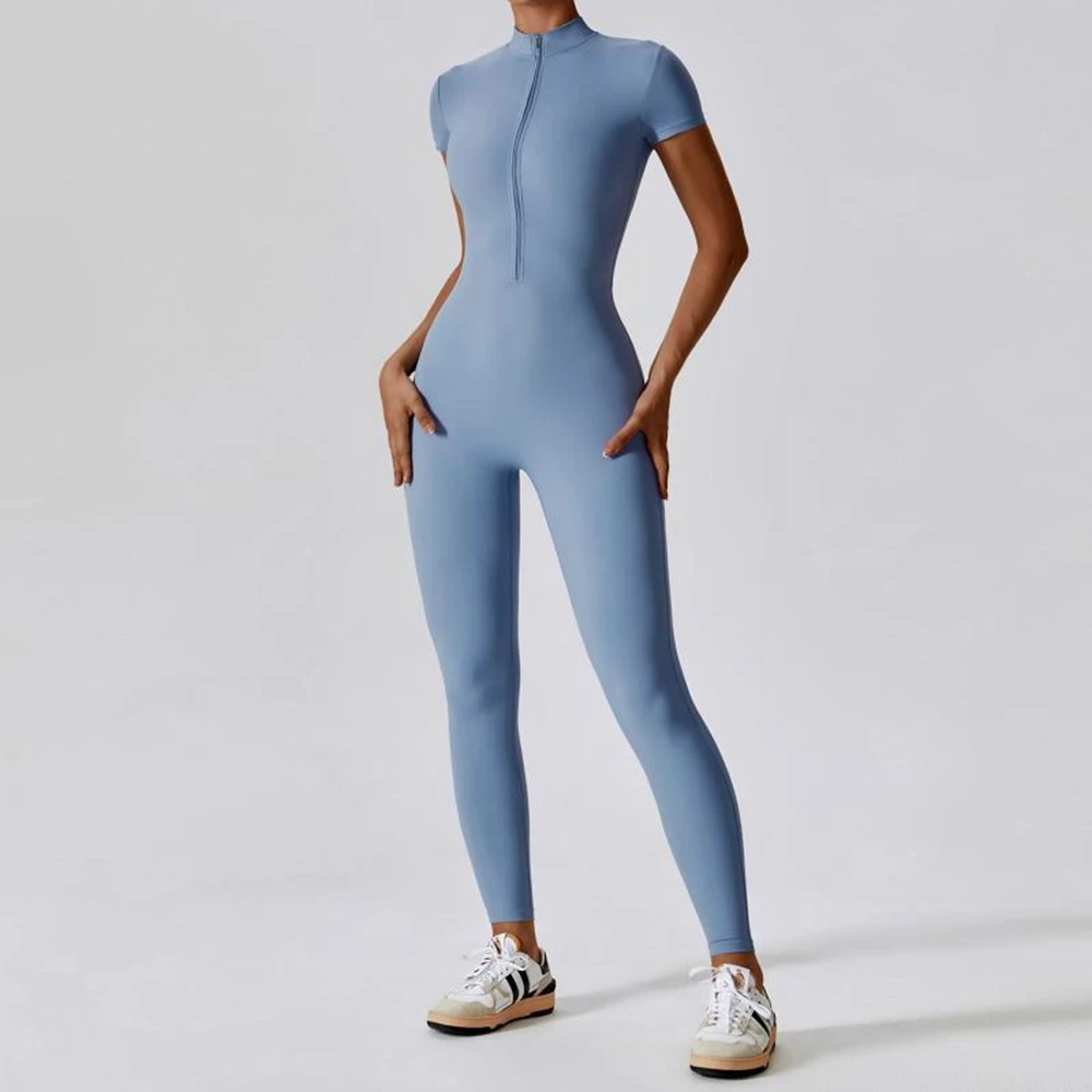 Combinaisons de Yoga à manches courtes pour femmes, coupe cintrée, extensible, une pièce, barboteuse Sexy, Fitness, fermeture éclair élastique, vêtements de sport, bleu ciel