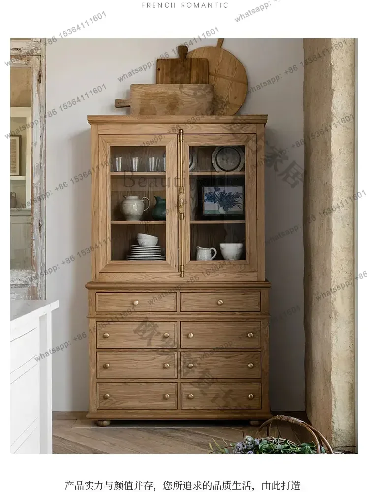 

French solid wood dining side with glass door wine cabinet American living room wall rack household high cabinet