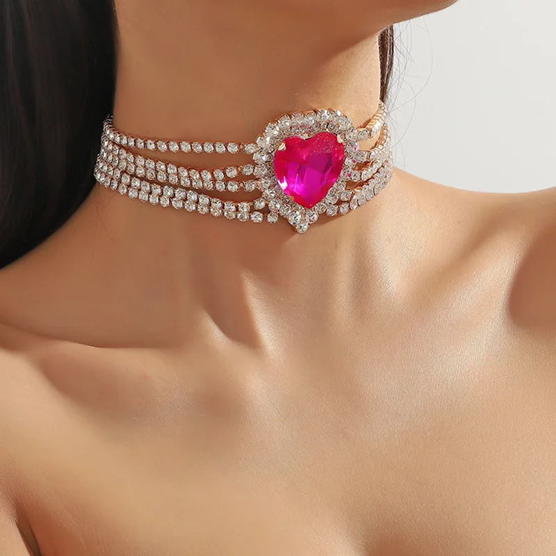 Fashion Red Pink Heart Crystal Choker Necklaces for Women Rhinestone Chain Necklaces Party Wedding Jewelry