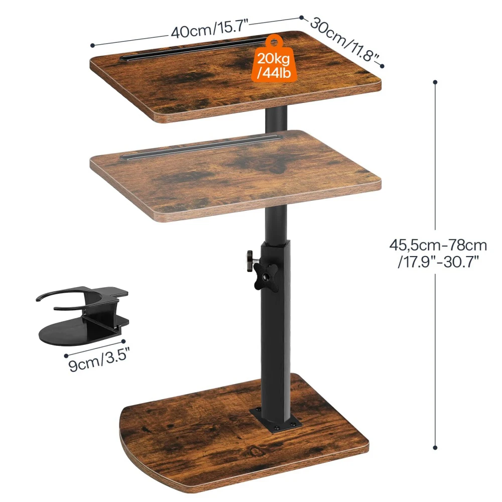 Vintage Brown C-Shaped Side Table – Height-Adjustable 360° Rotating Sofa Desk with Cup Holder & Tablet Slot