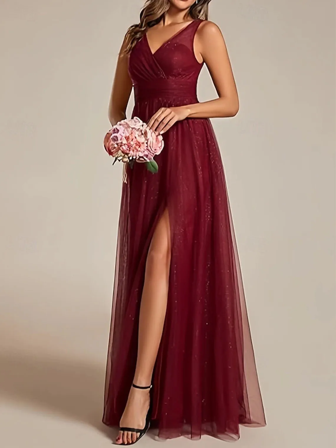 

A-Line Sleeveless V Neck Tulle Bridesmaid Dress Ruching Split Front Floor Elegant Party Wedding Formal Dress 2025 free customize