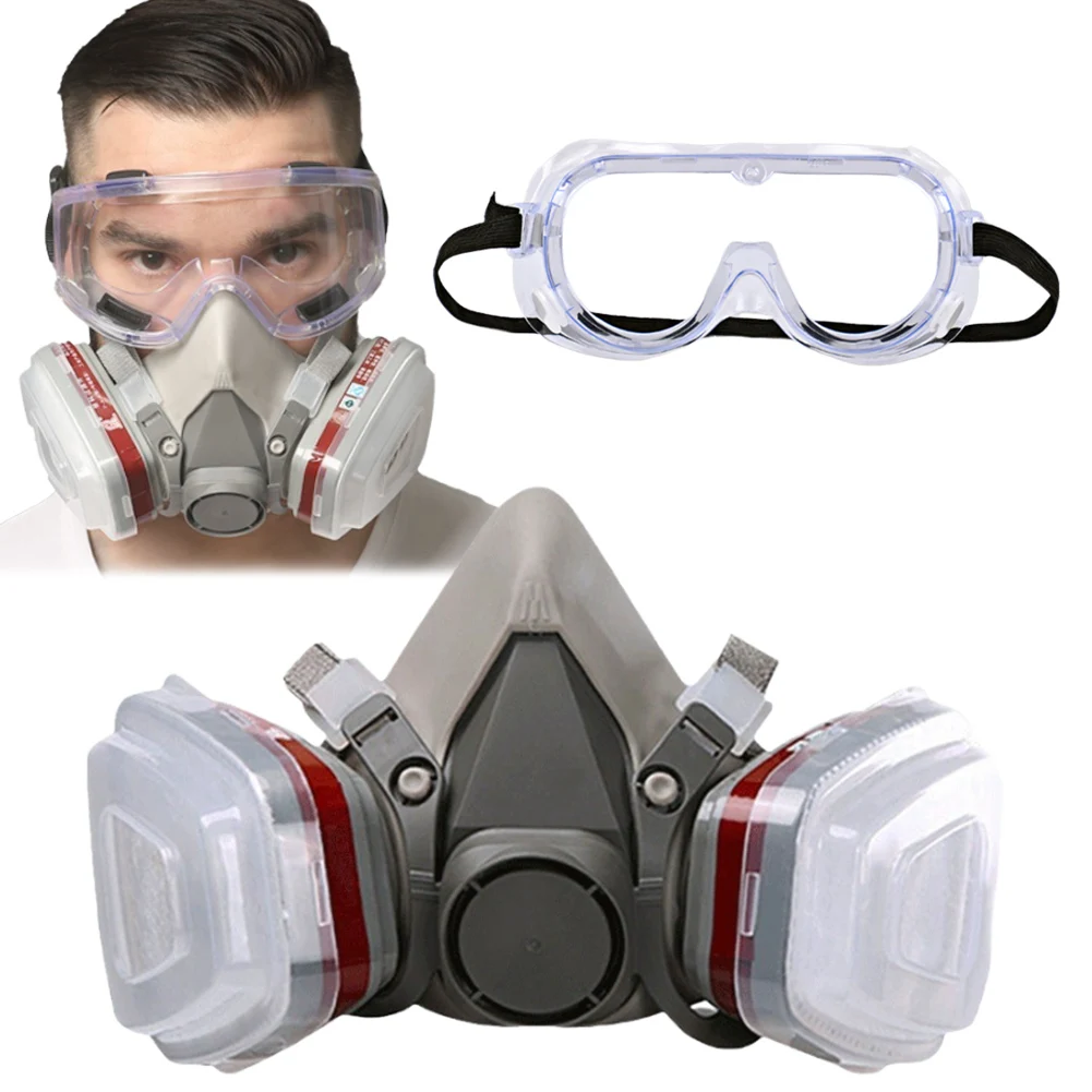 6200 Half Face Cover Gas Mask with Filter Goggles Chemical Vapor Paint Spray Respirator for Dust Fumes Asbestos Chemicals