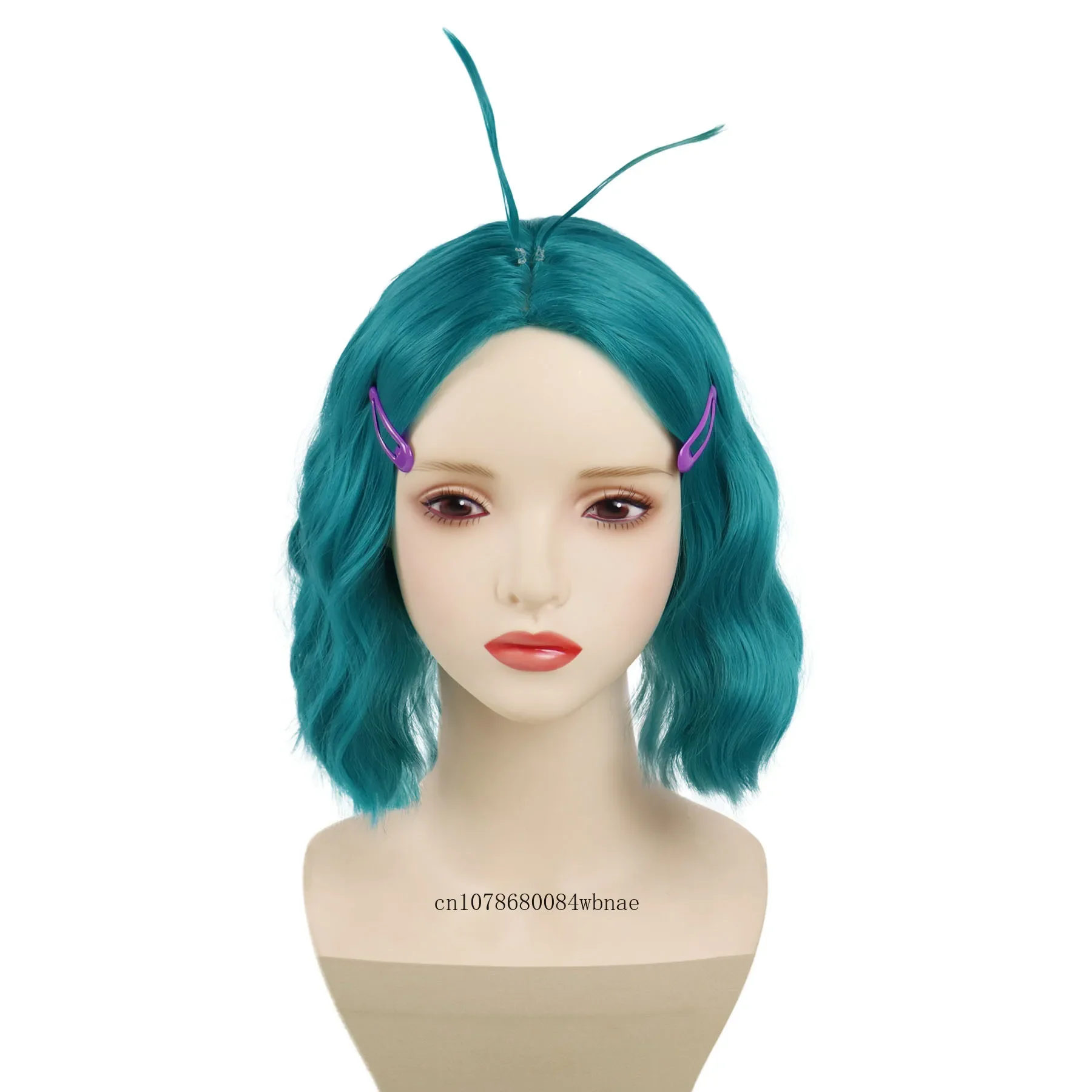 Halloween Synthetic Short Wavy Blue Anime Wig with Hairpins for Women Girl Center Part Cosplay Wigs Costume Party Heat Resistant