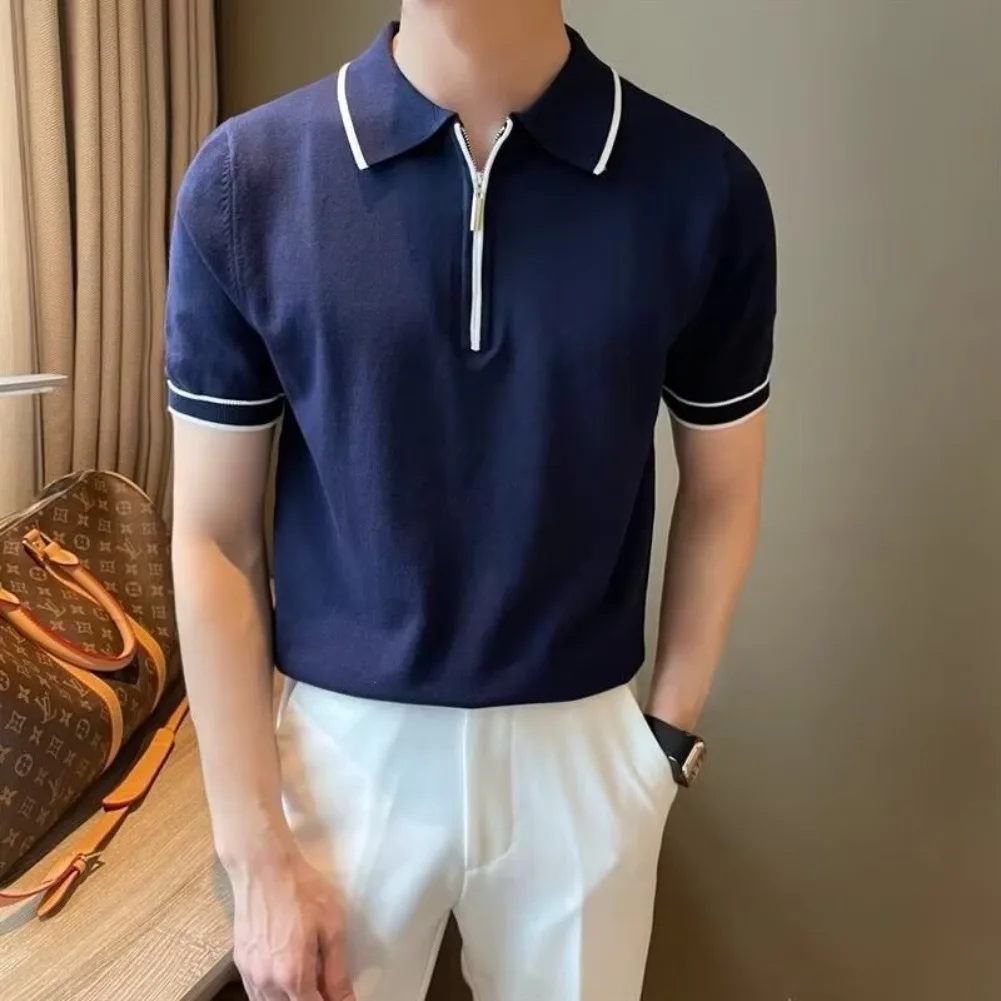 

New Men's Polo Shirt T-shirt Classic Short Sleeved Short Sleeved Summer Top Casual Zipper Lapel Quick Drying Knitted Shirt