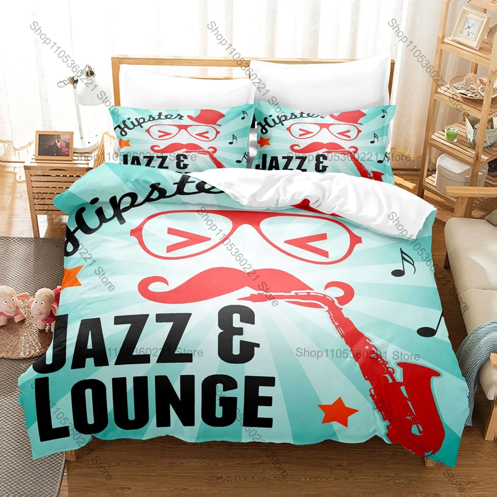Cool JAZZ Bedding Set Duvet Cover + 2 Pillowcases Vintage Saxophone Piano Musical Note Retro Music Bedroom Decor