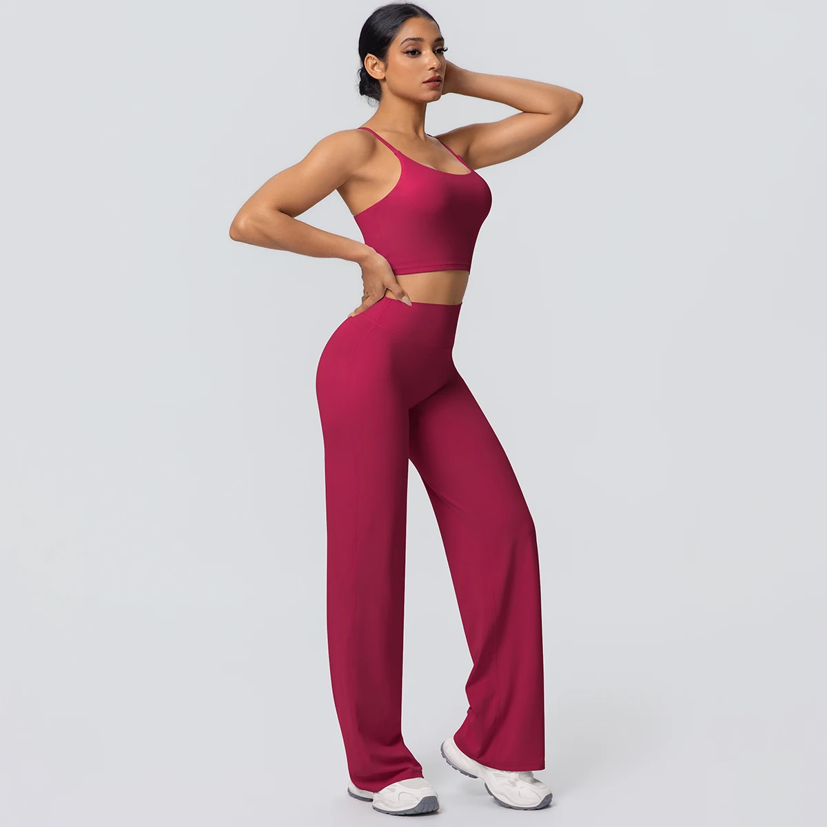 Frauen Schnell Trocknend Gym Sport Fitness Kleidung Yoga Set Backless Sexy Strap Bh mit Brust Pad Hohe Taille Breite Bein Hosen Set – Detail 34