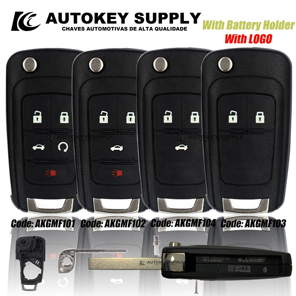 AutokeySupply AKGMF102 AKGMF103 AKGMF104 With Logo 2/3/4/5 Button FOB Remote Key CASE Uncut Blade  For Chevrolet Cruze Aveo