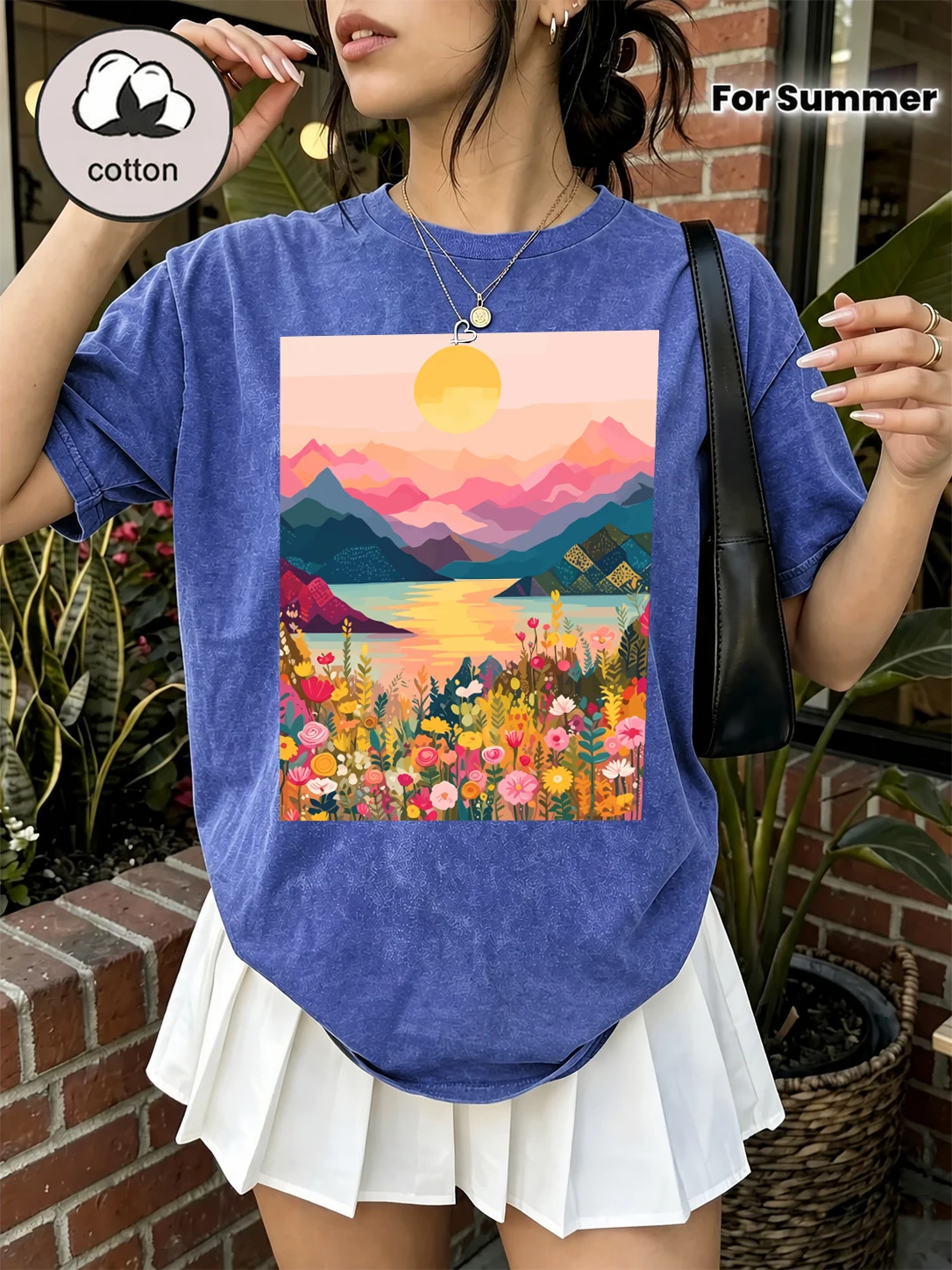 Mountain Lake Sunset Wildflower Landscape Print Women'S Washed T Shirts Summer T-Shirt Loose O-Neck Top Cotton Streetwear