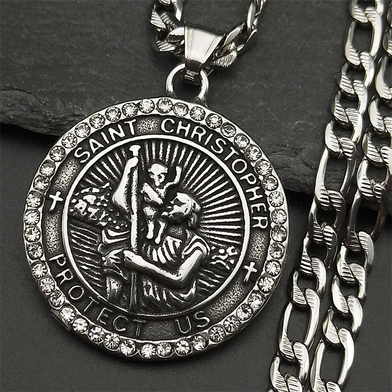 ST.Christopher Protect Us Medal Rhinestones Necklace Saint Christopher Stainless Steel Gold Color Christian Man Chain Jewelry view 5